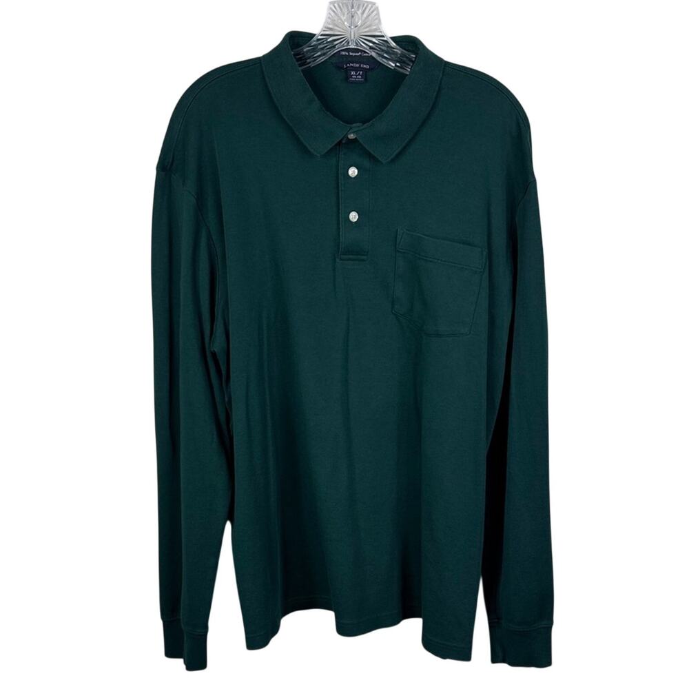 Lands' End Men's XL Long Sleeve Polo Shirt Hunter Green Soft Cotton Chest Pocket